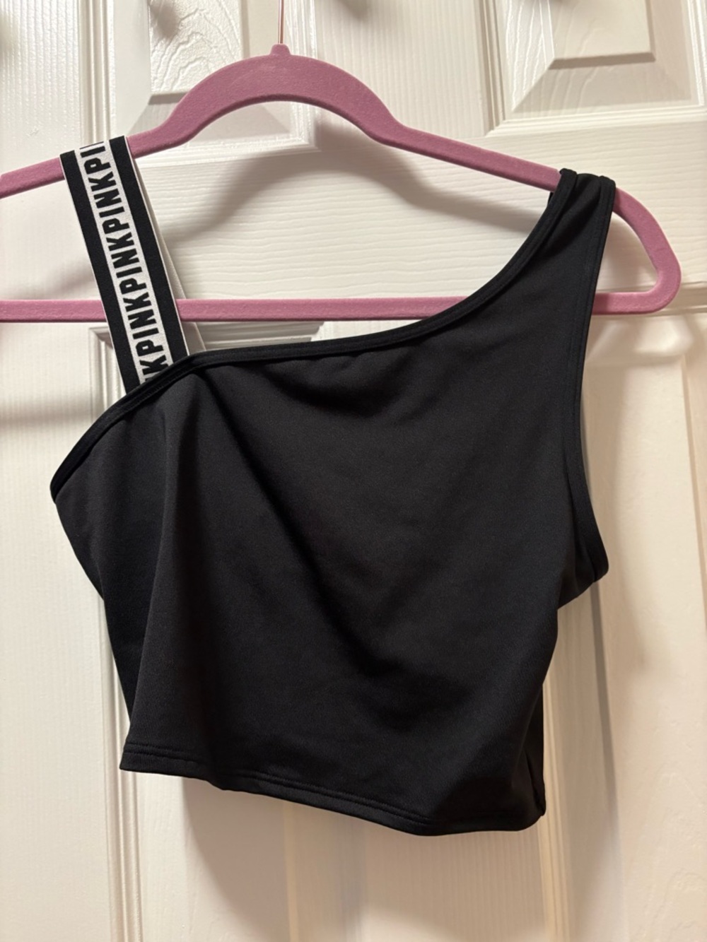 PINK Victoria's Secret Black One-Shoulder Crop Top with Branded Strap